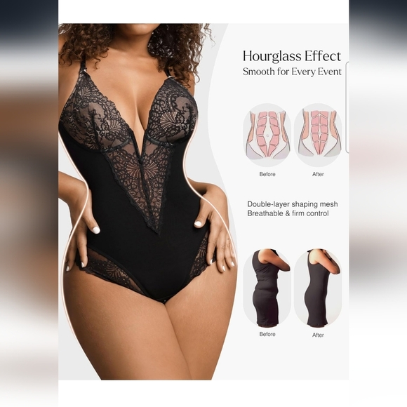 Popilush Black Lace Deep V Corset Shapewear Tummy Control Bodysuit Size  XXL - Picture 4 of 10